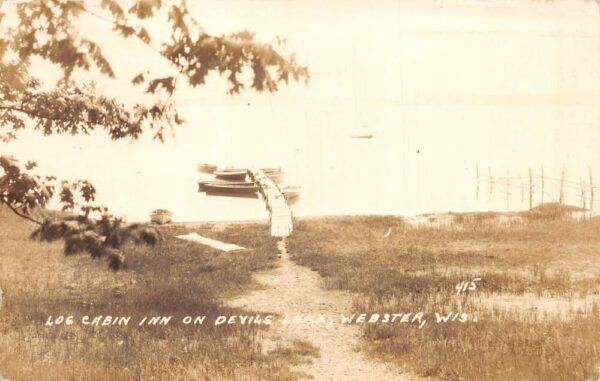 Webster Wisconsin Devils Lake Log Cabin Inn Beach Real Photo Postcard AA64645