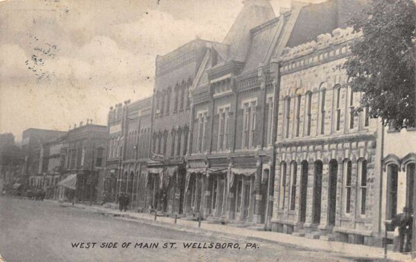 Wellsboro Pennsylvania West Side of Main Street B/W Lithograph Vintage PC U2102