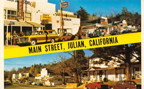 Julian California Main Street Drug Store and Texaco Sign Vintage Postcard U2154