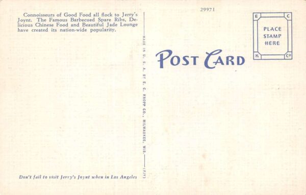 Los Angeles California Jerry's Famous Jade Lounge Color Linen Card PC U2194 - Image 2