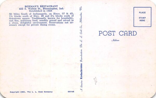 Bloomington Indiana Boxman's Restaurant Exterior View Vintage Postcard AA64662 - Image 2