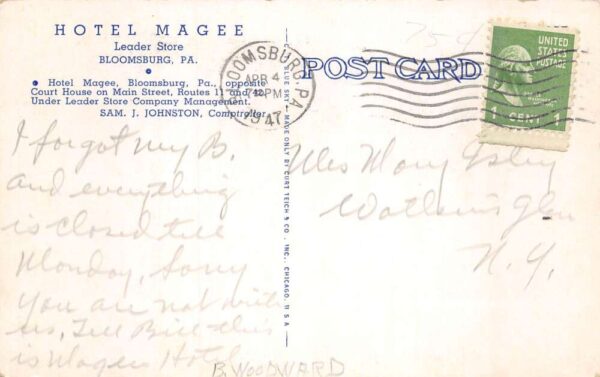 Bloomsburg Pennsylvania Hotel Magee and Drug Store Vintage Postcard AA64675 - Image 2