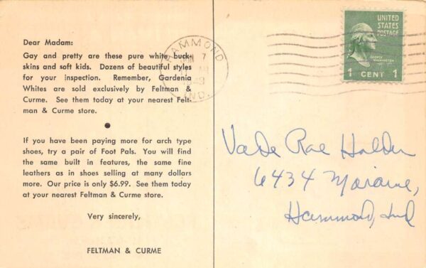 Hammond Indiana Feltman and Curme Ladies Shoes Adv Vintage Postcard AA64688 - Image 2