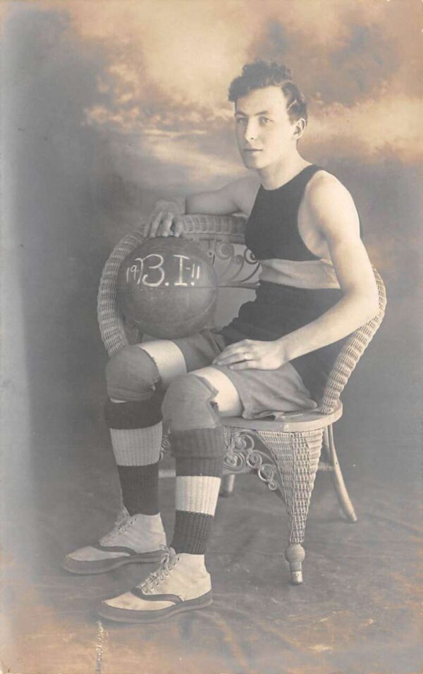 Basketball Player sitting in Wicker Chair Sports Real Photo Postcard AA64701