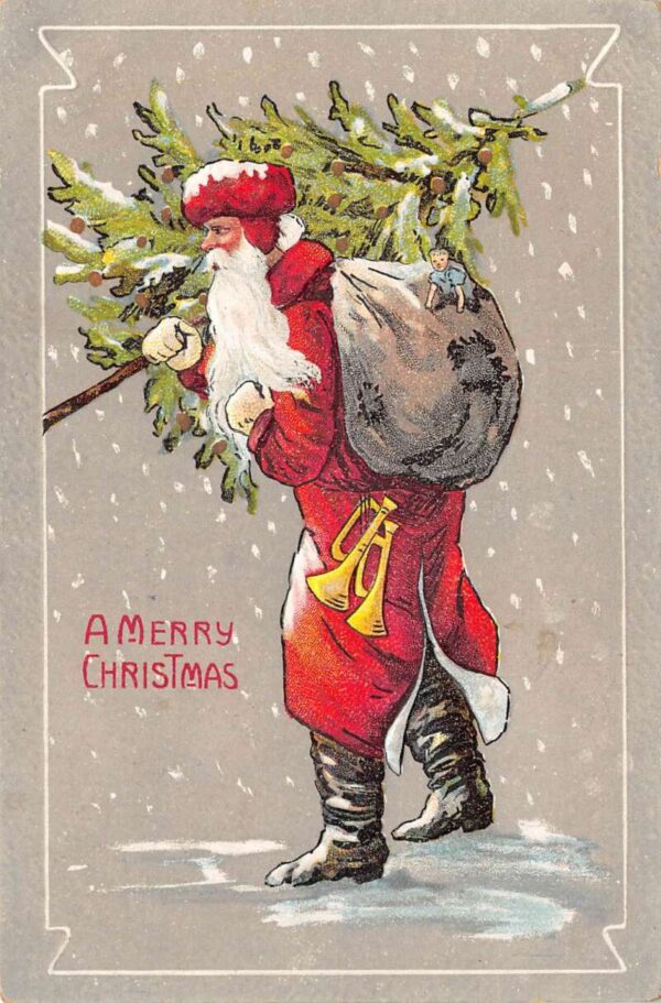 Christmas Greetings Santa Claus Carrying Tree and Toys Vintage Postcard AA64705