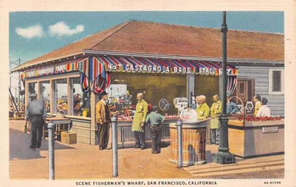 San Francisco California Fisherman's Wharf Scene Linen , White Border PC U2371