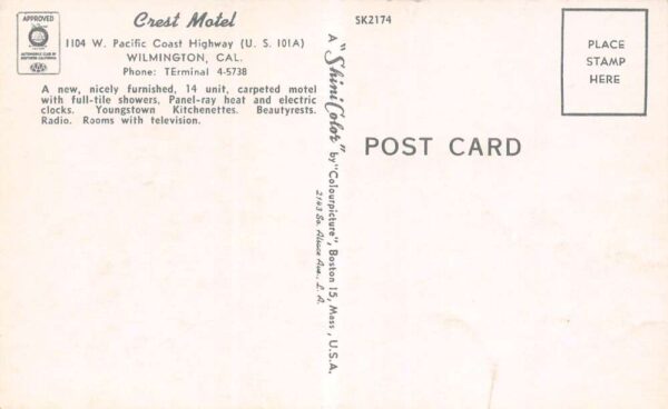 Wilmington California Crest Motel Exterior View Vintage Postcard U2375 - Image 2