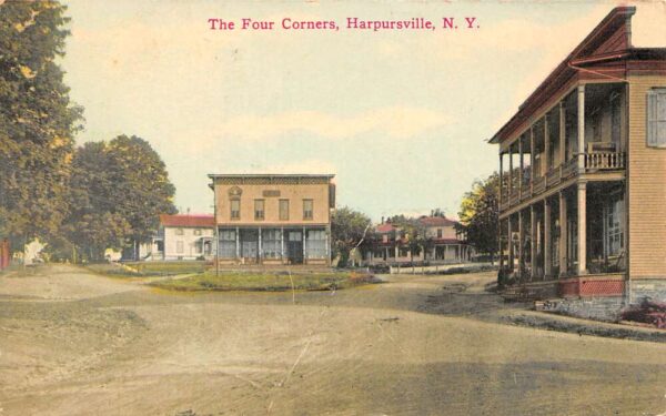 Harpursville New York The Four Corners Hand Colored Vintage Postcard U2399