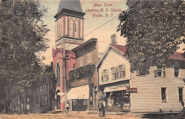 Fonda New York Main Street, Showing Methodist Church and Post Office PC U2409