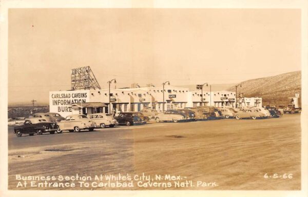 White's City New Mexico Business Section, Entrance To Carlsbad Nat'l. Park Real Photo PC U2444