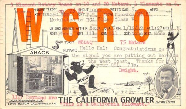 Long Beach California W6RO DB Williams Ham Radio QSL Postcard AA64827