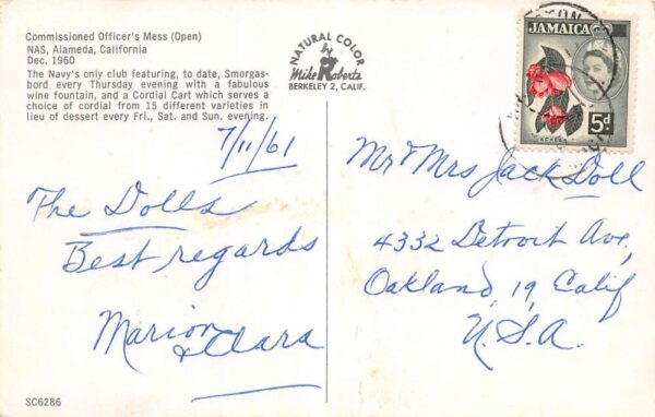 Alameda California Naval Air Station Officer's Club Commissioned Feast PC U2614 - Image 2