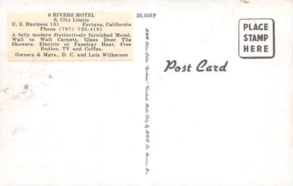 Fortuna California 6 Rivers Motel Color Photochrome Vintage Postcard U2624 - Image 2