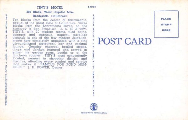 Broderick California Tiny's Motel Secluded Section Pictured Postcard U2627 - Image 2
