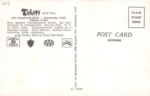 Sepulveda California Tahiti Motel Exterior & Pool Vintage Postcard U2632 - Image 2
