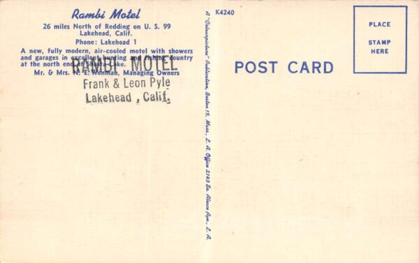 Lakehead California Rambi Motel Exterior, Linen Vintage Postcard U2635 - Image 2