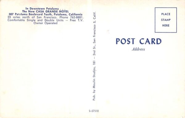 Petaluma California The Casa Grande Motel Exterior, Photochrome Postcard U2641 - Image 2