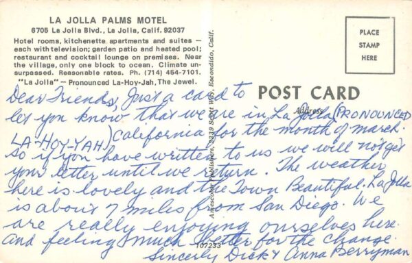 La Jolla California La Jolla Palms Motel Swimming Pool Vintage Postcard U2643 - Image 2