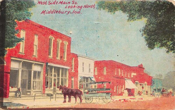 Middlebury Indiana West Side Main St., Looking North Hand Colored Litho. PC U2646