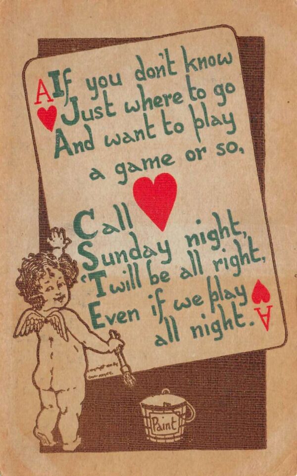 Greetings Cupid with Playing Card Ace of Hearts Vintage Postcard AA64921