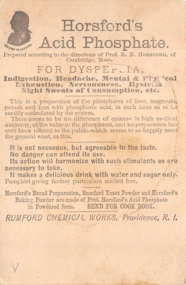 Horsfords Acid Phosphate Rumford Chemical Works Medical Adv Trade Card AA64927 - Image 2