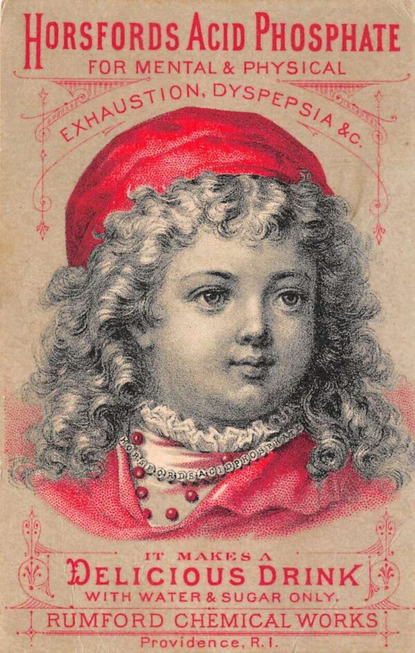 Horsfords Acid Phosphate Girl in Red Medical Adv Vintage Trade Card AA64928