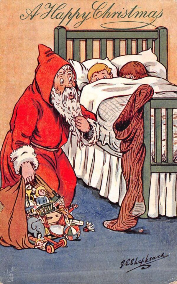 Christmas Greetings Santa Claus with Toys Children in Bed Tuck Postcard AA64981