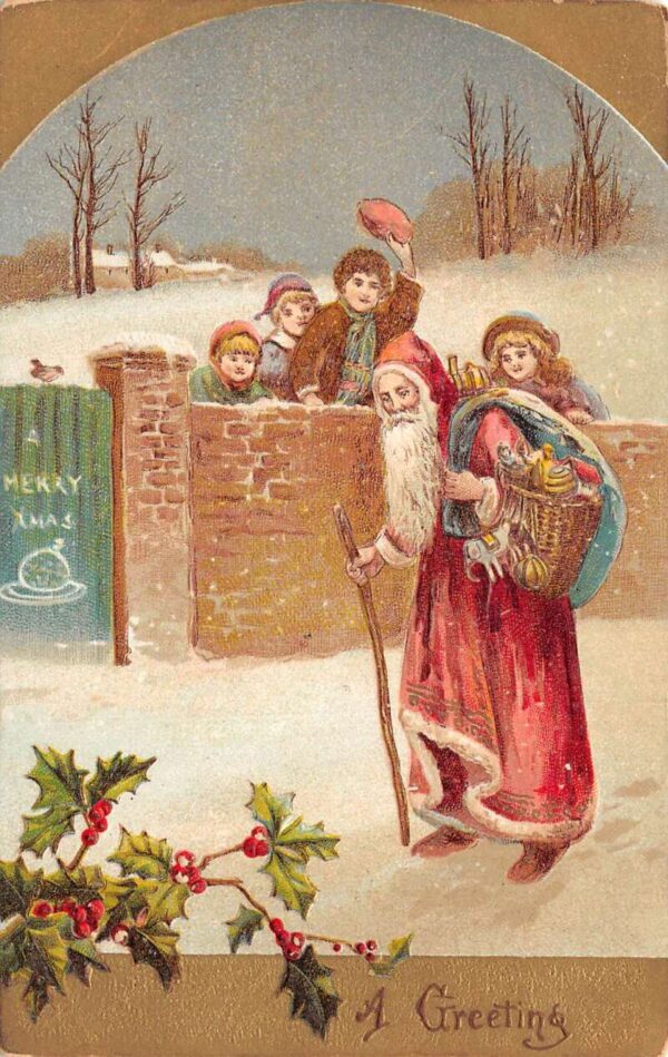Christmas Greetings Santa Claus with Toys and Walking Stick Postcard AA64997