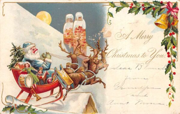 Christmas Greetings Santa Claus on Sleigh Reindeer Blue Suit Postcard AA64998