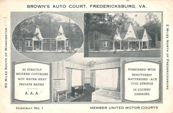 Fredericksburg Virginia Brown's Auto Court Vintage Postcard AA65009
