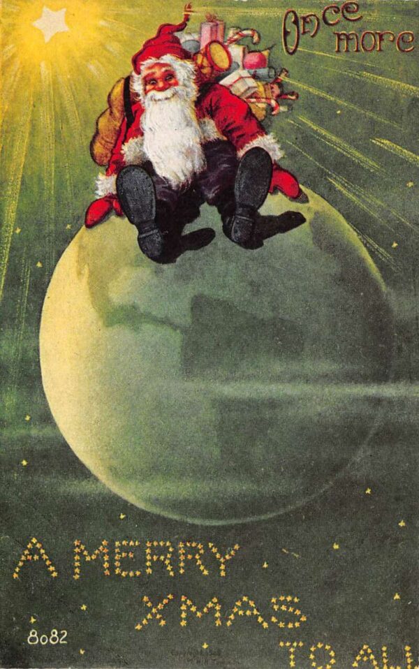 Christmas Greetings Santa Claus Sitting on Earth with Toys Postcard AA65048