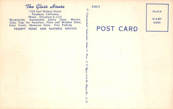 Pasadena California The Glass House Linen Vintage Postcard AA65082 - Image 2