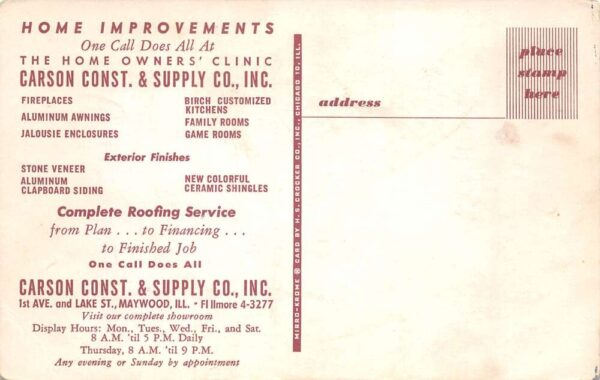 Maywood Illinois Carson Construction Supply Shop Advertising Postcard AA65093 - Image 2