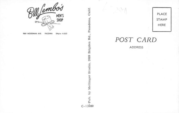 Pasadena California Bill Lembo's Men's Shop Clothing Store Postcard AA65099 - Image 2