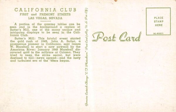 Las Vegas Nevada California Club Interior, Gaming Tables Vintage Postcard U2727 - Image 2