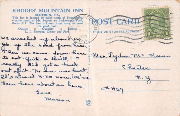 Scotrun Pennsylvania Rhodes' Mountain Inn Exterior, White Border Postcard U2764 - Image 2