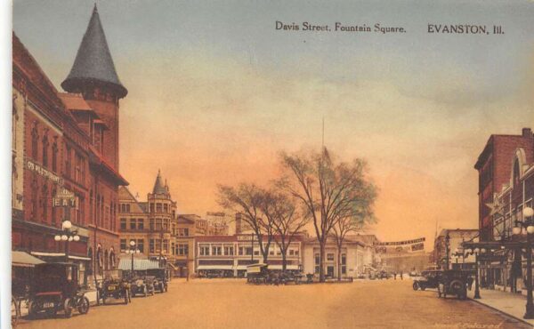 Evanston Illinois Davis Street & Fountain Square Hand Colored PC U2811