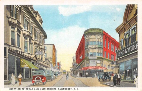Pawtucket Rhode Island Junction Of Broad & Main Streets Shops & Street Car PC U2826