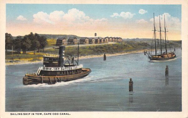 Cape Cod Massachusetts Sailing Ship In Tow, Cape Cod Canal Vintage PC U2848