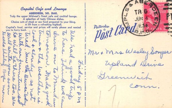 Aberdeen South Dakota Capitol Cafe and Lounge Vintage Postcard AA65115 - Image 2