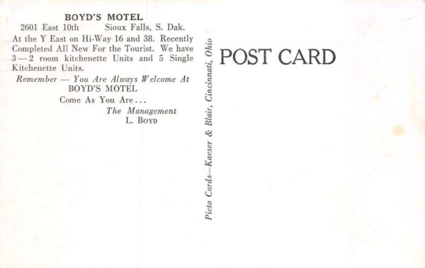 Sioux Falls South Dakota Boyd's Motel Vintage Postcard AA65116 - Image 2