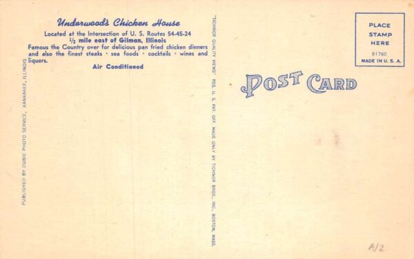 Gilman Illinois Underwood's Chicken House Cocktail Lounge Postcard AA65133 - Image 2