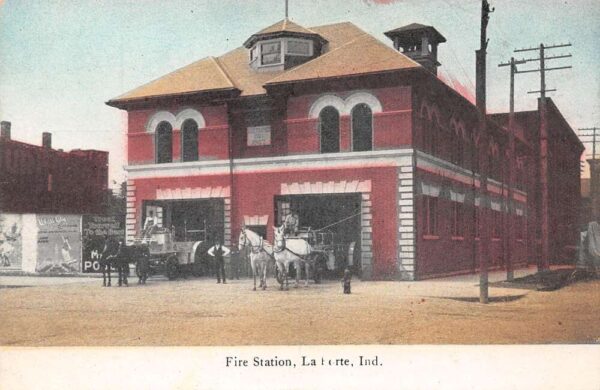 La Porte Indiana Fire Station Horse Drawn Fire Engines Vintage Postcard U2888