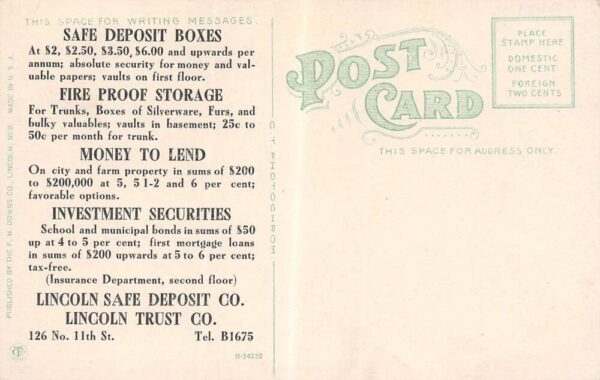 Lincoln Nebraska Lincoln Safe Deposit Co. Deposit Vaults Color Litho. PC U2955 - Image 2