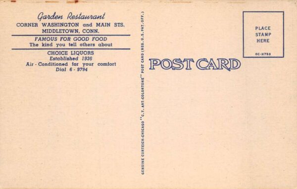 Middletown Connecticut Garden Restaurant Dining Room Vintage Postcard AA65216 - Image 2