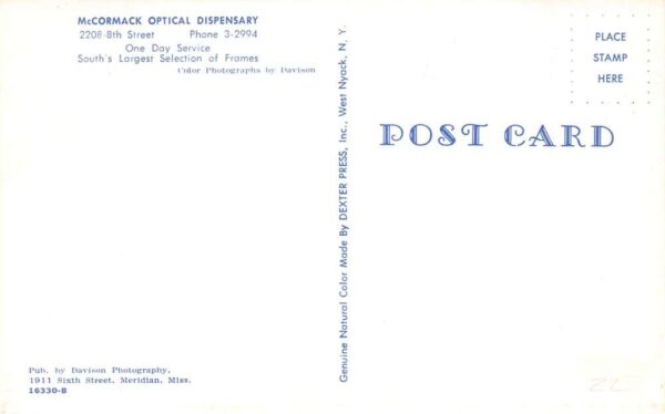 Meridian Mississippi McCormack Optical Eye Wear Optician Postcard AA65219 - Image 2