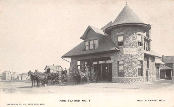 Battle Creek Michigan Fire Station No. 3 Horse Drawn Engines Vintage PC U2974