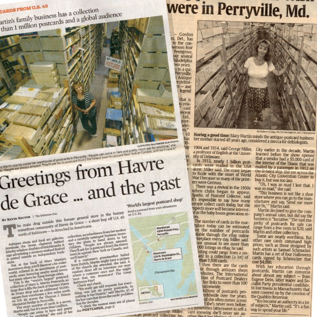 newspaper clippings of owner of Mary L. Martin Vintage Postcards