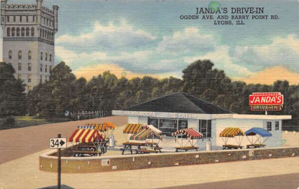 Lyons Illinois Janda's Drive In Restaurant Linen Vintage Postcard AA65297