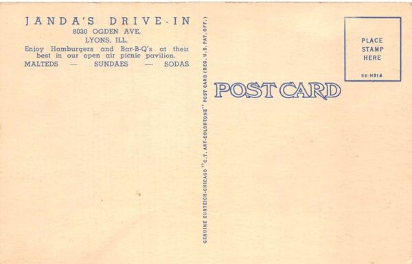Lyons Illinois Janda's Drive In Restaurant Linen Vintage Postcard AA65297 - Image 2